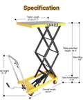 KAFLLA Hydraulic Lift Cart With Double Scissor Jack illustrating specifications including height adjustments and dimensions for heavy duty use.
