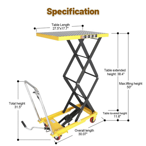 KAFLLA Hydraulic Lift Cart With Double Scissor Jack illustrating specifications including height adjustments and dimensions for heavy duty use.