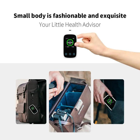 Portable CO2 Monitor And Sensor With Real Time CO2 Temperature Humidity And Pressure Three In One Air Quality Meter in hand and bag
