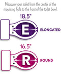Diagram showing elongated and round toilet dimensions with measurements for Elongated Plastic Toilet Seat With Easy Clean And Change Hinges.
