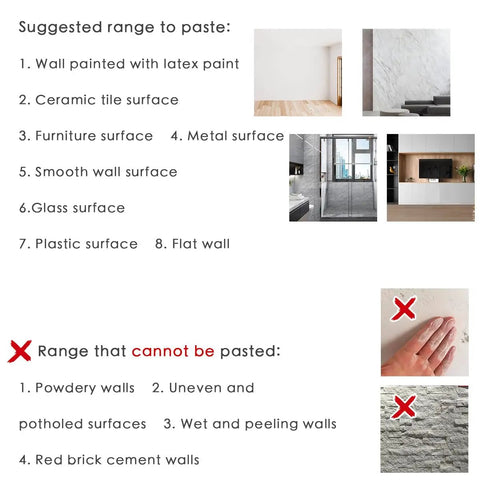 Diagram of suitable and unsuitable surfaces for Self Adhesive Peel And Stick Wallpaper 20.8 By 393 Inches With 3D Water Wave Pattern.