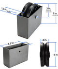 Built Like A Tank 6 Inch By 2 Inch Cast Iron V Groove Sliding Gate Wheels With Welded Bracket Box shown from multiple angles with dimensions.