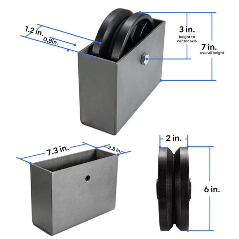 Built Like A Tank 6 Inch By 2 Inch Cast Iron V Groove Sliding Gate Wheels With Welded Bracket Box shown from multiple angles with dimensions.