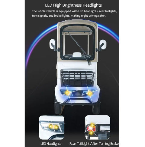 Chill Four-Seater Electric Golf Cart With Massive Storage Trunk And 800W Motor featuring LED headlights and rear taillights for safety.