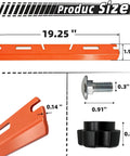 Dimensions of Deluxe Drift Cutter Blades for Snow Blowers, showing sizes of the orange blade, bolt, and knob connector.