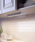 Slim 9 Inch LED Under Cabinet Light Direct Wire, 3000K Warm White, 6W, installed under kitchen cabinet with white backsplash