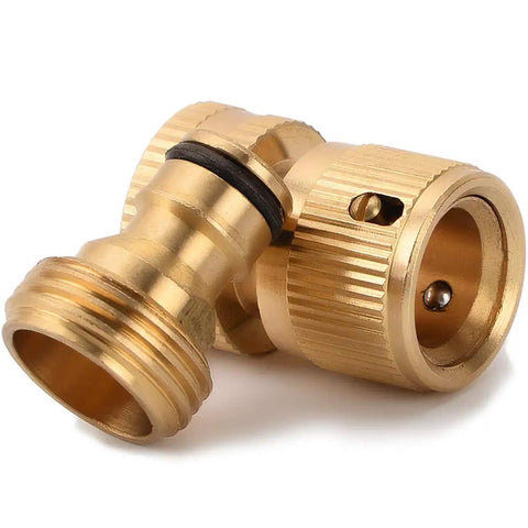 Close-up view of Brass 3/4 in Garden Hose Quick Connector with male and female ends for fast, leak-free setup.