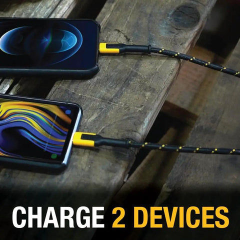Two smartphones charging with yellow cables, connected to Beefy USB Wall Charger Block With Angled Dual Ports 12W Foldable Plug Compact Cube Charger