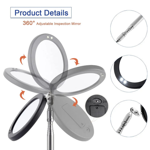 Telescoping Inspection Mirror With LED Light And 3.75 Inch Round Mirror, Extendable Handle From 14.5 To 39.4 Inches, Flexible 360 Degree Swivel