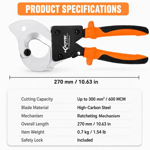 Heavy Duty Ratchet Cable Cutter For Copper And Aluminum 600 MCM Electrical Wire Tool with high-carbon steel blade.