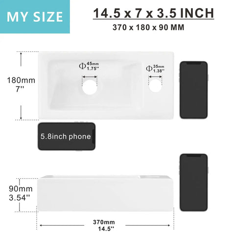 Small Wall Mount Sink Porcelain Ceramic Mini Corner Hand Basin Right Hand 14.5 Inch Compact Wash Basin For Tiny Bathrooms, dimensions comparison with phone