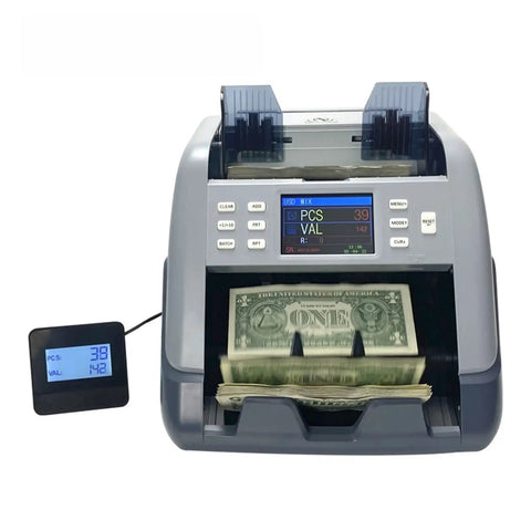 Boss Level Multi Currency Bill Counter With Automatic Note Verification Secure Denomination Detection And Flat Out Fast Cash Sorting For Serious Retail Teams Everywhere, displaying bills processing.