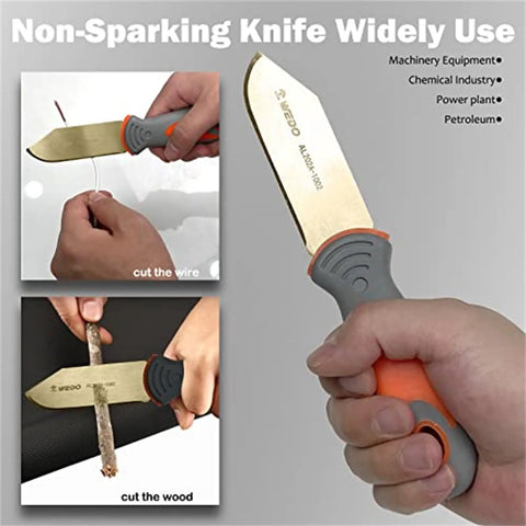 Person using non-sparking knife to cut wire and wood, suitable for safe use in machinery, chemical, and petroleum industries.