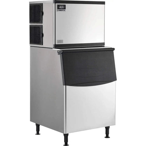 Heavy Duty Modular Ice Maker With 275 Pound Storage Bin Delivering 500 Pounds Daily Air Cooled Build, front view with black door.