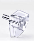 Close-up of clear plastic shelf peg with steel core from 50 Pack 5mm Clear Plastic Shelf Pegs With Steel Core For Cabinets, Kitchen, Bookcases, And Closets Replacement Shelf Holders That Lock In Place Rock Solid Heavy Duty Easy Install For Reliable Shelf Support.