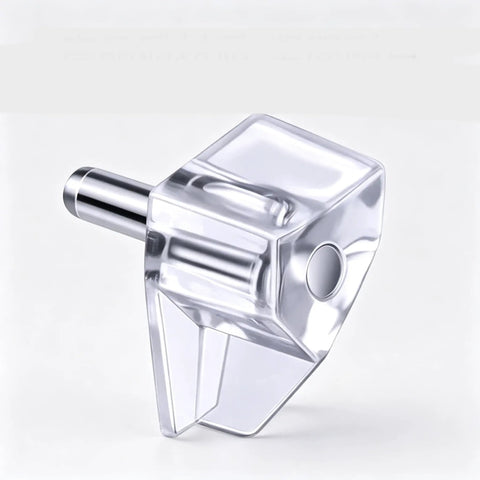 Close-up of clear plastic shelf peg with steel core from 50 Pack 5mm Clear Plastic Shelf Pegs With Steel Core For Cabinets, Kitchen, Bookcases, And Closets Replacement Shelf Holders That Lock In Place Rock Solid Heavy Duty Easy Install For Reliable Shelf Support.