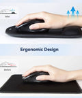Ergonomic Memory Foam Wrist Rest Mouse Pad For All Day Comfort And Pain Relief During Gaming And Office Tasks Waterproof Surface With Non Slip Base shown from side and top.
