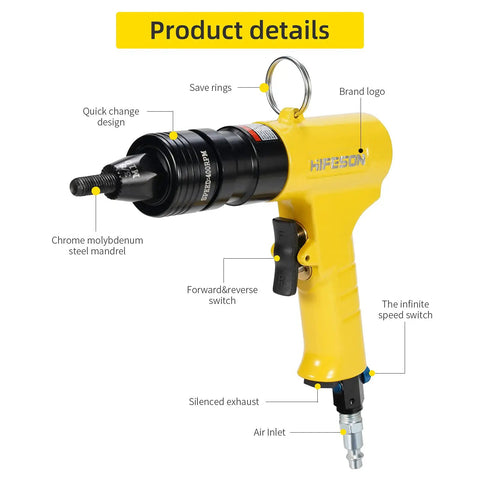 Yellow Pneumatic Rivet Nut Gun With Self Locking Heads And Quick Change Mandrels In One Quarter Inch Sizes