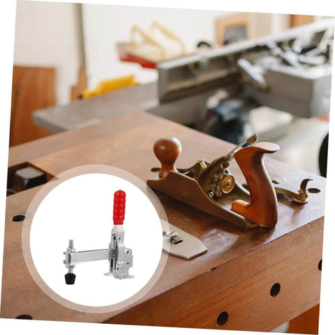 Workshop with a woodworking jig featuring Welding Toggle Clamps 2 Pack Quick Release Fixed Hand Clamps With Rubber Tips shown inset