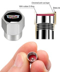 Close-up of Cadillac Tire Valve Stem Caps 4 Pack Dope Aluminum Alloy Metal Wheel Air Caps Silver with diagram showing anti-rust layer and O-ring.