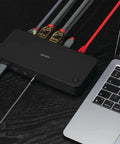 Top Tier Universal Laptop Docking Station With Triple 4K Displays And Display Port Outputs Usb C And A Hybrid Hub connected to laptop.