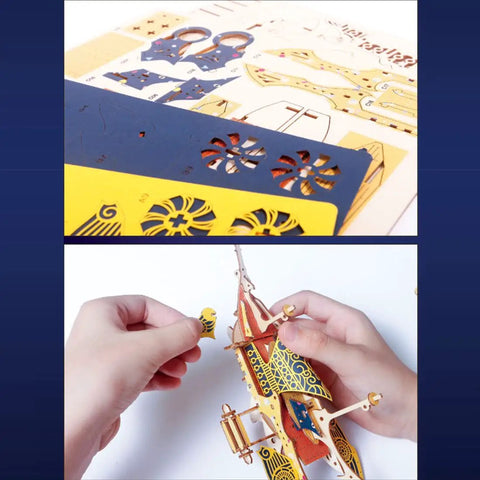 Hands On Dope 3D Wooden Puzzle Kit For Adults Spaceship Flyship assembly shown with bamboo sheets and puzzle parts.