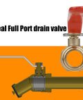 Diagram and close-up of Lead Free Brass Water Heater Drain Valve With Full Port Design Three Quarter Inch MIP To Three Quarter Inch Garden Hose Thread.