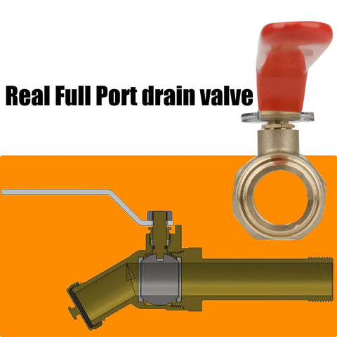 Diagram and close-up of Lead Free Brass Water Heater Drain Valve With Full Port Design Three Quarter Inch MIP To Three Quarter Inch Garden Hose Thread.