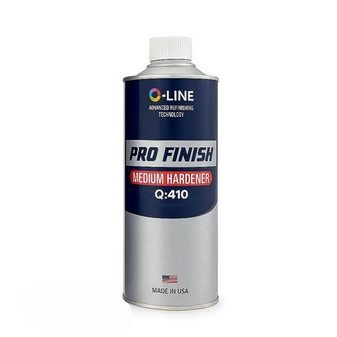 Pro Finish medium hardener bottle, blue and silver container labeled Q:410 for automotive refinishing