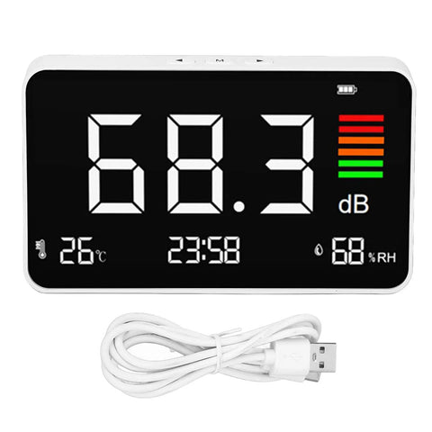 3 In 1 Decibel Meter With Temperature And Humidity, Rechargeable dB Meter With LCD Screen For Real Time Noise Levels, Humidity And Temp Readouts, Ideal For Home, Studio, Or Office Noise Control, black screen with USB cable