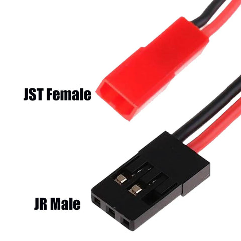 Close-up of JST Female to JR Male connectors, part of JST To JR Servo Cables Pack 5 Pairs 10cm 20AWG Silicone RC Wiring.