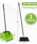 Triple Pack Super Sized Commercial Broom And Dustpan Set With Extra Long Handle Rigged Tough Standing Scoop, 54 inch broom next to 44.3 inch dustpan.