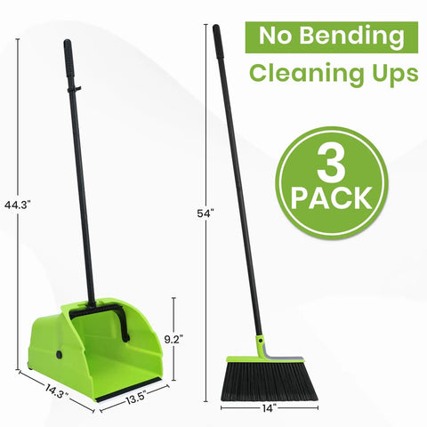 Triple Pack Super Sized Commercial Broom And Dustpan Set With Extra Long Handle Rigged Tough Standing Scoop, 54 inch broom next to 44.3 inch dustpan.