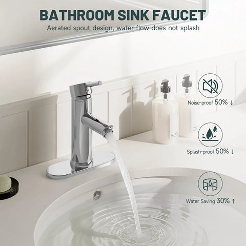 Chrome Single Handle Bathroom Sink Faucet With Pop Up Drain And Overflow Included Durable Brass Construction Modern Vanity Lavatory Faucet For Homes And RVs Easy Install 1 Hole Setup in use with running water into basin