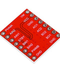 TB6612FNG Dual DC Motor Driver Module, red PCB close-up, showcasing pin configuration with labels for hobby robotics projects.