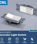 Matte White Decorator Rocker Paddle Light Switch 50 Pack Single Pole 15A 120 To 277V On Off Interrupter UL Listed Scratch Resistant Polycarbonate Housing 10000 Plus Cycle Tested For Residential And Commercial Use, front and angled view