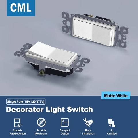 Matte White Decorator Rocker Paddle Light Switch 50 Pack Single Pole 15A 120 To 277V On Off Interrupter UL Listed Scratch Resistant Polycarbonate Housing 10000 Plus Cycle Tested For Residential And Commercial Use, front and angled view