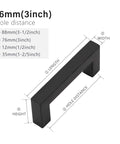 Matte Black Cabinet Handles Square Drawer Pulls 3 Inch Hole Centers Stainless Steel 10 Pack dimensions diagram