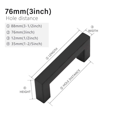 Matte Black Cabinet Handles Square Drawer Pulls 3 Inch Hole Centers Stainless Steel 10 Pack dimensions diagram