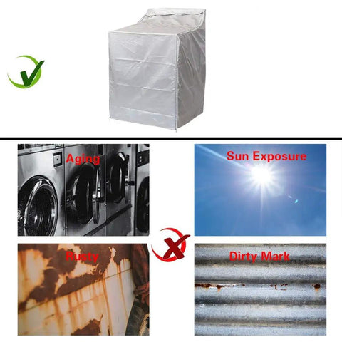 Top Loading Washer And Dryer Cover Waterproof Dustproof Sunproof Fits Most Washers And Dryers 29W X 28D X 43H Inches Durable Nylon Outdoor Shield All Weather Protection shown next to images of aging, sun exposure, rust, and dirty marks.
