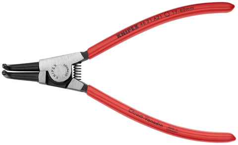 90 Degree Circlip Pliers Set For Internal And External Snap Rings Pro Grade Forged Chrome Vanadium Steel Includes Handy Pouch Four Piece Kit Quick Reliable Ring Work close-up view of a single plier with red handles.