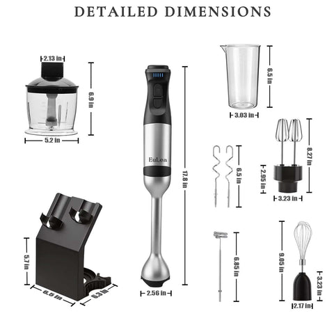 Detailed dimensions of Heavy-Duty 8-In-1 Immersion Blender, 1200W Beast Mode Motor with attachments and accessories.