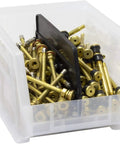 Rock Solid Stackable Plastic Storage Bins That Are Perfect For Your Garage Pantry Or Craft Room holding metal fittings