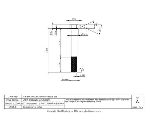 Beast Mode Pack of 2 Grade 5 Ti 6 Al 4V Titanium Hex Head Bolts 7 16 20 X 3 1 4 Unf technical drawing with dimensions.