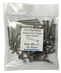 316 stainless steel deck screws, square-drive, #8 x 2 in, 50 pcs, MarineBoltSupply