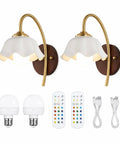 Vintage Wireless Wall Sconces Set of Two Dimmable Rechargeable Wall Sconce with walnut wood base and brass arms, warm white light.