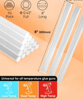 Full Size Clear Hot Glue Sticks 0.43 Inch Diameter 8 Inch Length 70 Pack For All Temp Glue Guns with size details diagram.