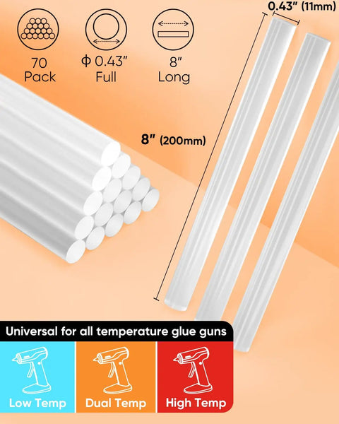 Full Size Clear Hot Glue Sticks 0.43 Inch Diameter 8 Inch Length 70 Pack For All Temp Glue Guns with size details diagram.