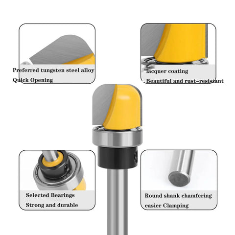 Close-up of Slab Flattening Router Bit Set With Ball Bearing Dish For Bowls And Trays, showing YG6 carbide cutters and bearings.