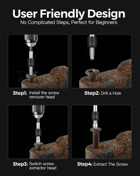 Step-by-step process using 11 Piece Screw Extractor Set With Self Locking Extension Rod Fix Stripped And Damaged Screws Fast